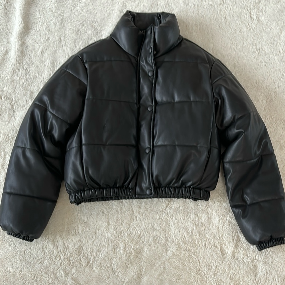Faux leather black puffer coat